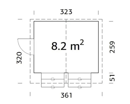 Grundrisszeichnung eines Gartenhauses mit Abmessungen und einer Fläche von 8,2 Quadratmetern