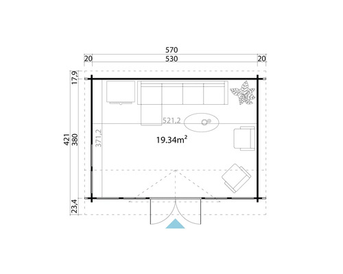 Plan d''un pavillon de jardin avec mobilier et dimensions.