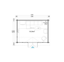Grundrisszeichnung eines Gartenhauses mit Möbeln und Abmessungen
