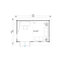 Grundrisszeichnung eines Gartenhauses mit Maßen und Inneneinrichtung