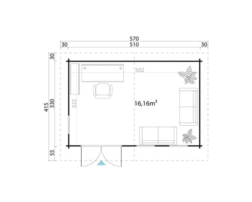 Grundriss eines Gartenhauses mit Möbeln und Größenangaben