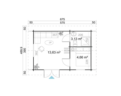Grundriss eines Gartenhauses mit Wohnzimmer, Bad und Schlafzimmer mit Maßangaben
