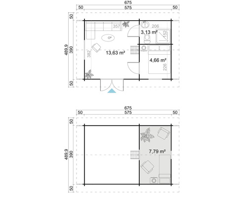 Grundriss eines Gartenhauses mit Wohn-, Schlaf- und Badezimmer