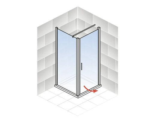Illustration einer Eckdusche mit Drehtür und rotem Pfeil, der die Drehrichtung der Tür anzeigt
