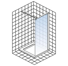 Douche d''angle avec paroi de douche et receveur de douche carré dans une salle de bain carrelée.