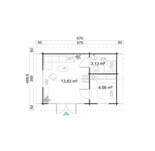 Grundrisszeichnung eines Gartenhauses mit Wohnzimmer, Bad und Schlafzimmer