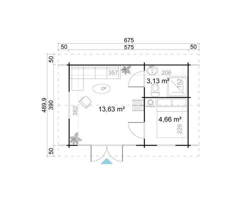 Grundrisszeichnung eines Gartenhauses mit Wohnzimmer, Bad und Schlafzimmer