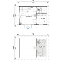 Grundrisse eines Gartenhauses mit Wohnzimmer, Schlafzimmer und Bad