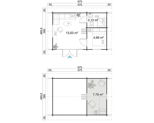 Grundrisse eines Gartenhauses mit Wohnzimmer, Schlafzimmer und Bad
