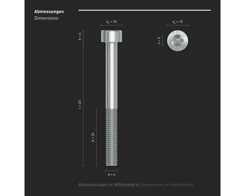 Abbildung einer Zylinderschraube mit den Maßangaben Durchmesser 6 und 10 Millimeter, Länge 45 Millimeter.