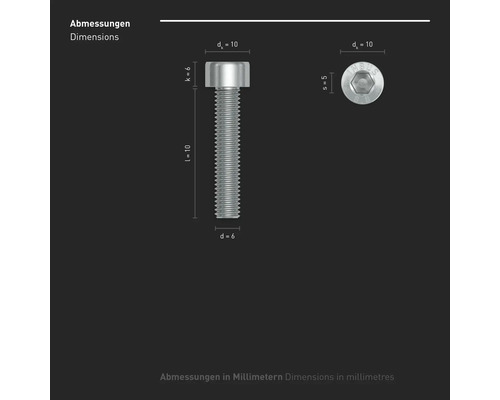 Darstellung der Abmessungen einer Zylinderschraube mit Innensechskant