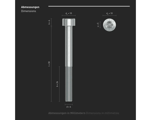 Technische Zeichnung einer Zylinderschraube mit Innensechskant und Gewinde, inklusive Maßangaben