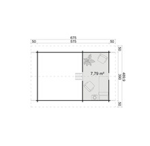 Grundrisszeichnung eines Gartenhauses mit Möbeln und Bepflanzung
