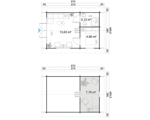 Grundriss eines Gartenhauses mit Wohnbereich, Bad und Schlafraum
