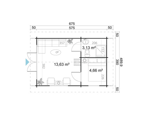 Grundriss eines Gartenhauses mit Maßen der einzelnen Räume.