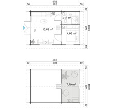 Grundrisszeichnung eines Gartenhauses mit Wohnbereich, Bad und Schlafraum
