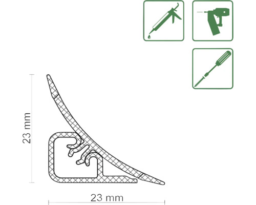 Illustration d''un profilé d''angle mesurant 23 sur 23 millimètres et de symboles pour les types de montage