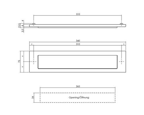 Technische Zeichnung eines Briefkastens mit Maßangaben.