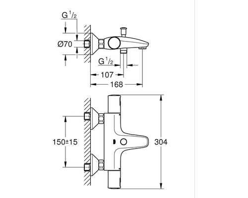 Schéma technique d''un robinet de baignoire avec dimensions