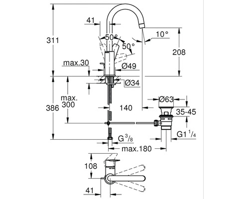 Technische Zeichnung einer Armatur mit Maßangaben