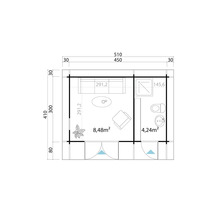 Grundriss eines Gartenhauses mit Wohnbereich und Badezimmer, Bemaßungen inklusive