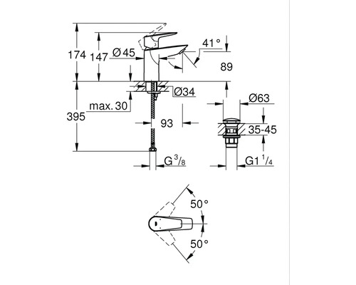 Technische Zeichnung eines Wasserhahns mit Maßangaben