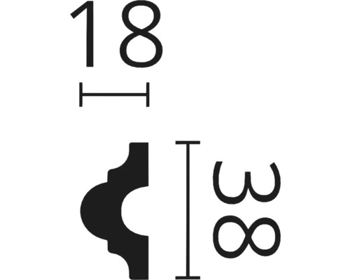 Schéma technique d''un profilé décoratif avec dimensions 18 et 38 millimètres