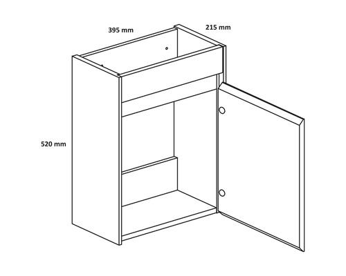 Schéma d''un meuble haut avec porte et étagères, dimensions 395 mm x 215 mm x 520 mm.