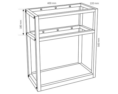 Umrisszeichnung eines Waschbeckenunterschranks mit den Maßen 400 mm Breite, 220 mm Tiefe und 500 mm Höhe.