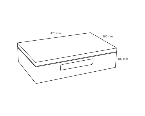 Image d''une boîte de rangement mesurant 470 mm de large, 260 mm de profondeur et 100 mm de haut.