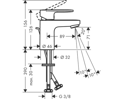 Schéma technique d''un robinet de lavabo avec indications de dimension