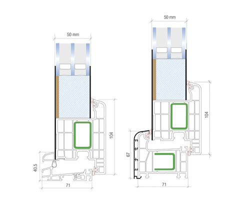 Dessin technique de deux profilés de fenêtre avec indication des dimensions