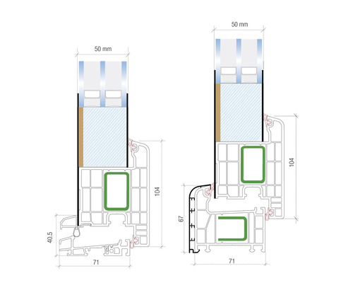 Dessin technique de deux profilés de fenêtre avec dimensions