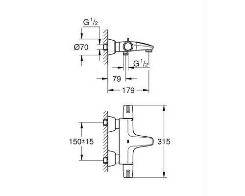 Schéma technique d''un robinet de salle de bain avec dimensions