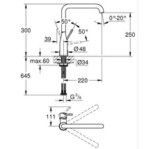 Schéma coté d''un robinet de cuisine avec indication des dimensions