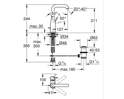 Schéma coté d''un robinet avec indications de dimensions et d''angles