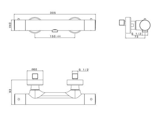 Technische Zeichnung einer Duscharmatur mit Maßangaben