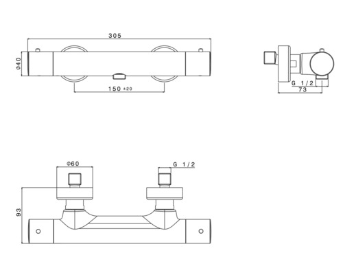 Technische Zeichnung einer Armatur mit Maßangaben
