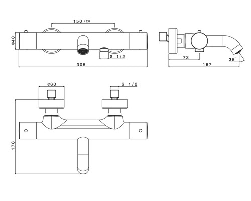 Schéma technique d''un robinet avec dimensions.