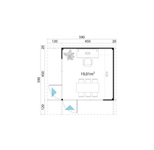 Grundriss eines Gartenhauses mit Büro und Besprechungsraum, Fläche 19,01 Quadratmeter