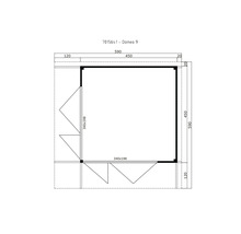 Grundrisszeichnung des Gartenhauses mit Maßangaben