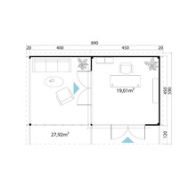Grundriss eines Gartenhauses mit Wohn- und Arbeitsbereich sowie Größenangaben.