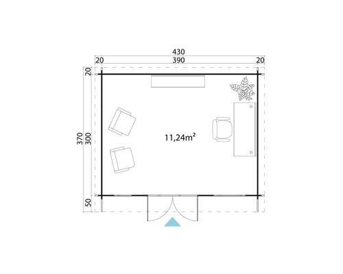 Grundrisszeichnung eines Gartenhauses mit Möbeln und Abmessungen.