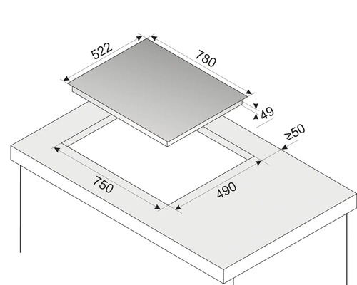 Dimensions d''une plaque de cuisson et d''une table de cuisine avec valeurs numériques