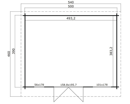 Grundrisszeichnung eines Gartenhauses mit Maßangaben