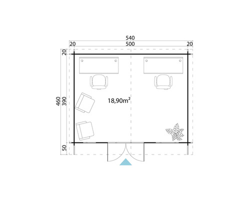 Grundriss eines Gartenhauses mit zwei Schreibtischen, drei Stühlen, Pflanze und Flächenangabe