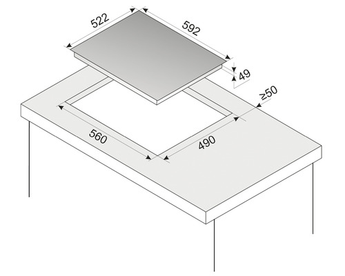 Einbauzeichnung eines Kochfelds mit Maßangaben