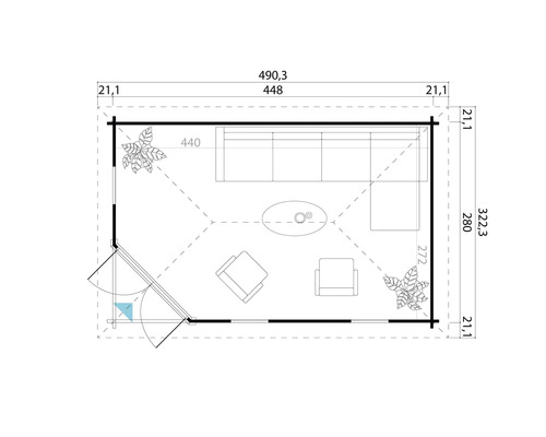 Grundriss eines Gartenhauses mit Möbeln und Bepflanzung inklusive Maßangaben