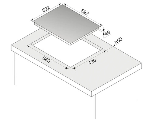 Einbauskizze eines Kochfelds mit Maßangaben für den Einbau in eine Arbeitsplatte.