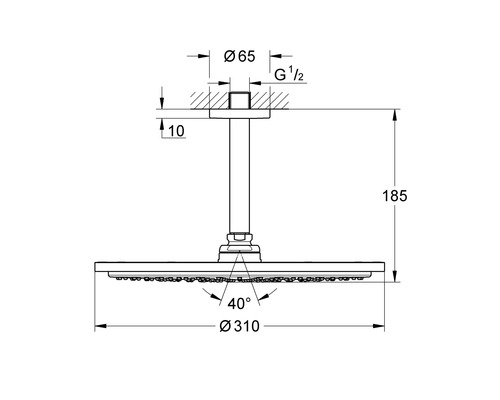 Dessin technique d''une pomme de douche avec dimensions